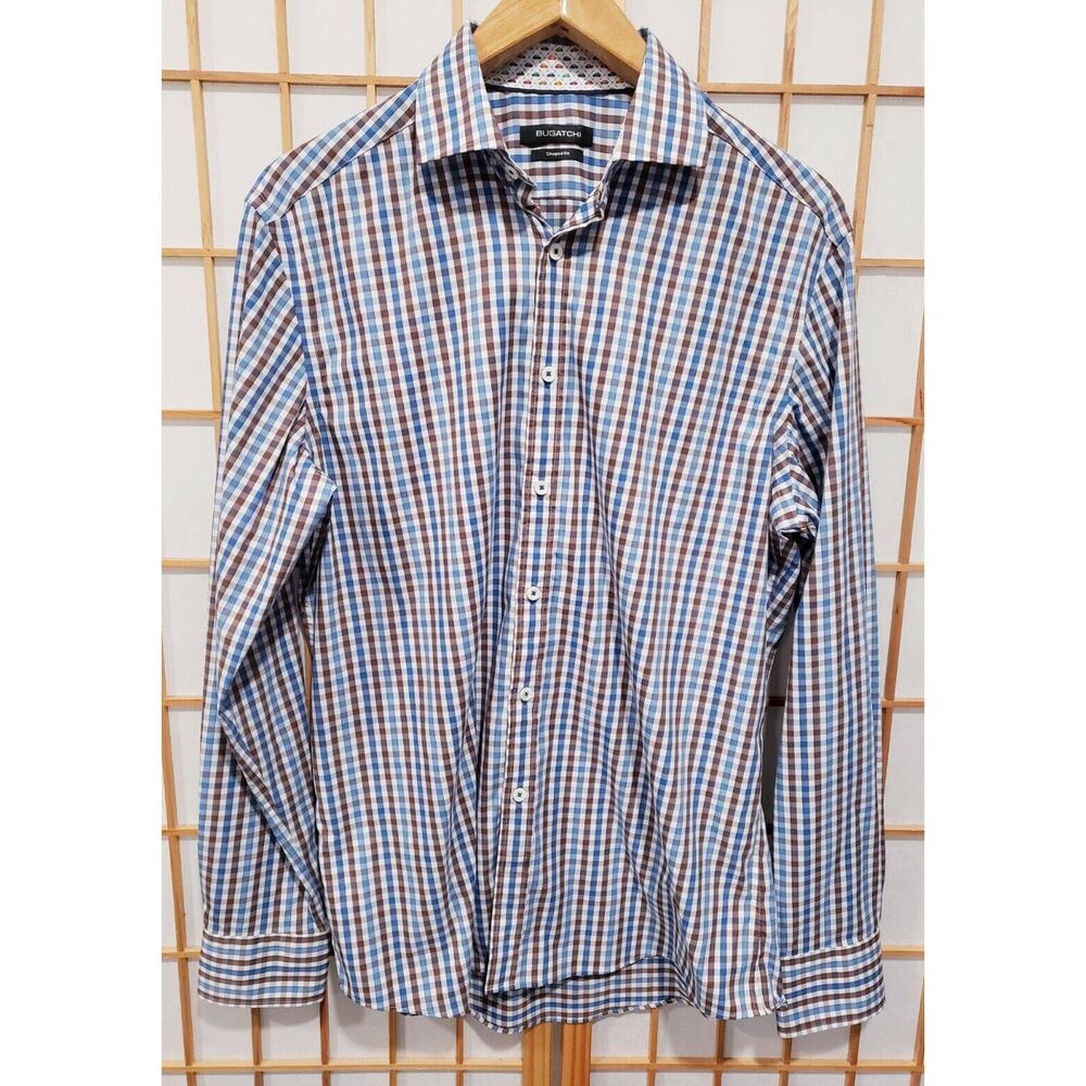 Rare BUGATCHI -Shaped Fit Checkered Cars- Button Up Long Sleeve - Size M